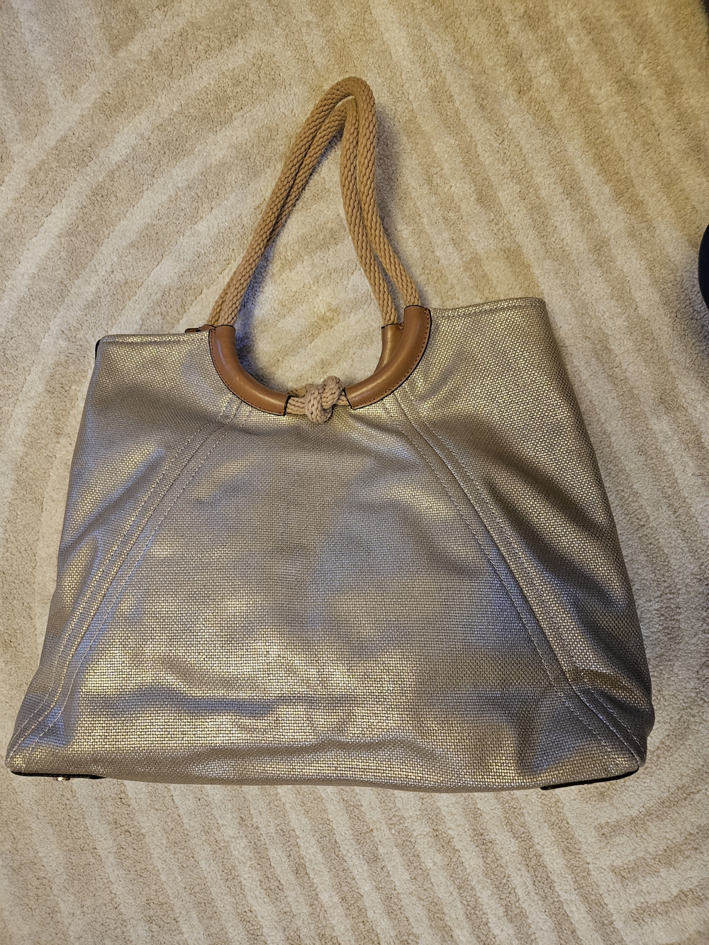 Michael Kors Gold Metallic Tote Rope Handle Leather Trim Large Bag - Picture 2 of 7